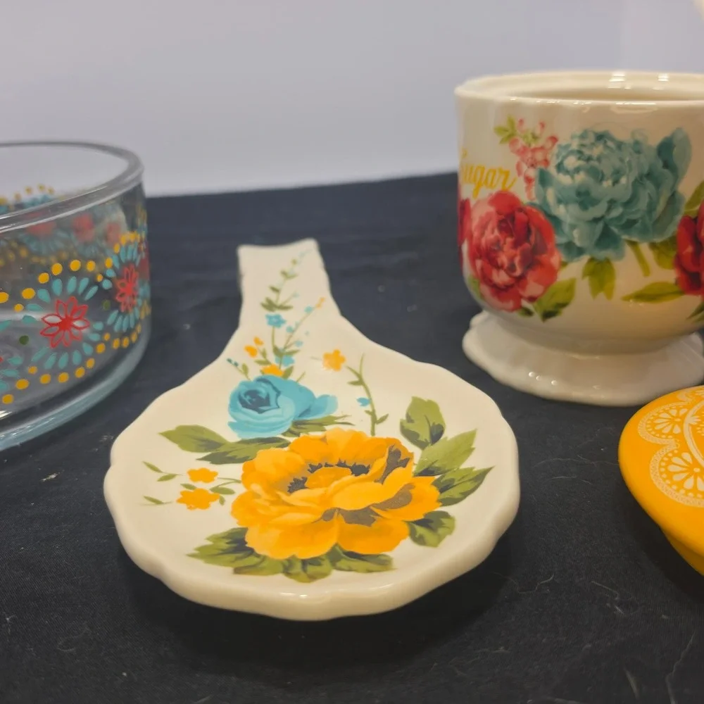 Pioneer Woman 3pc Kitchen Set Sugar Bowl Spoon Rest Glass Floral Bowl Multicolor